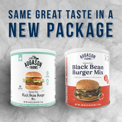Augason Farms packaging on pantry shelf, emphasizing up to 25-year unopened shelf life.