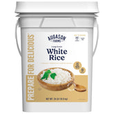 Augason Farms long-grain white rice pail front view for easy storage