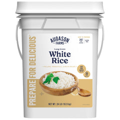 Augason Farms long-grain white rice pail front view for easy storage