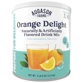 Augason Farms Orange Delight Drink Mix can front label highlighting 52 servings and vitamin C.