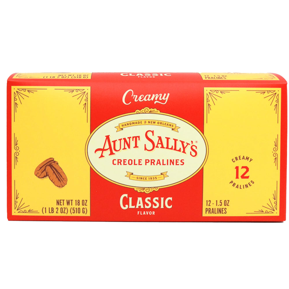 Aunt Sally's Creamy Classic Pralines box front, premium dessert gift option.