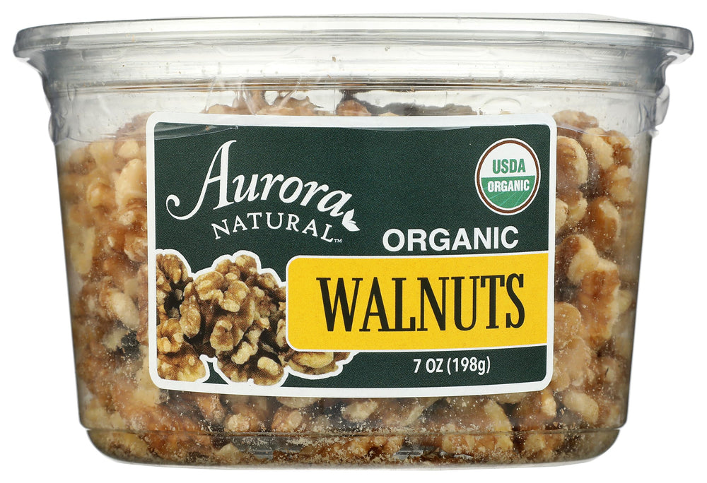 Aurora Organic Walnut Halves pack front; ideal for snacking.