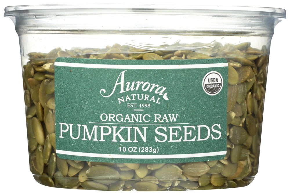Aurora Pumpkin Seeds Raw Organic 10 oz package front, versatile snack and pantry staple.