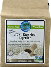Authentic Foods superfine brown rice flour bag 3lb ideal for gluten-free baking and smooth batters.
