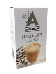 Avalanche Cafe Style Sweet Instant Coffee Box with 10 Vanilla Latte sticks for quick mornings.