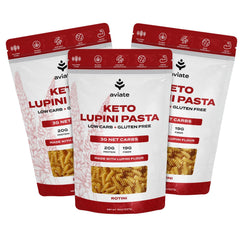 Aviate Keto Pasta Rotini packaging close-up, lupini noodles promising high protein and gluten-free meals.