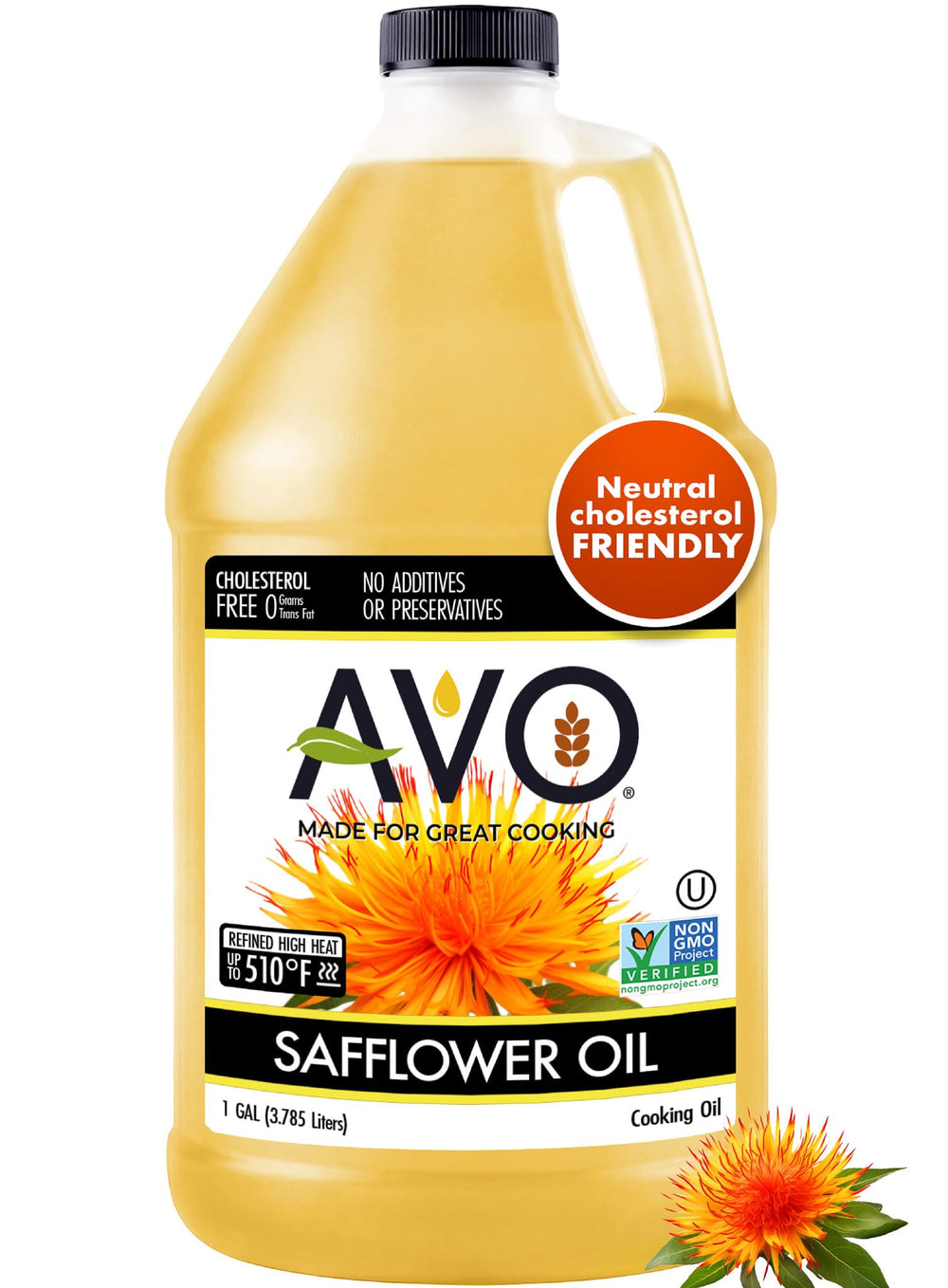 AVO High Oleic Safflower Oil bulk 1gal label shows bulk packaging for convenient cooking use