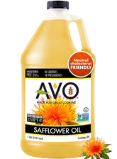 AVO High Oleic Safflower Oil bulk 1gal label shows bulk packaging for convenient cooking use