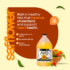 AVO safflower oil pour bottle close-up highlights smooth flow for sautéing
