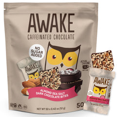 AWAKE Caffeinated Chocolate Bites packaging highlights keto and gluten-free features.