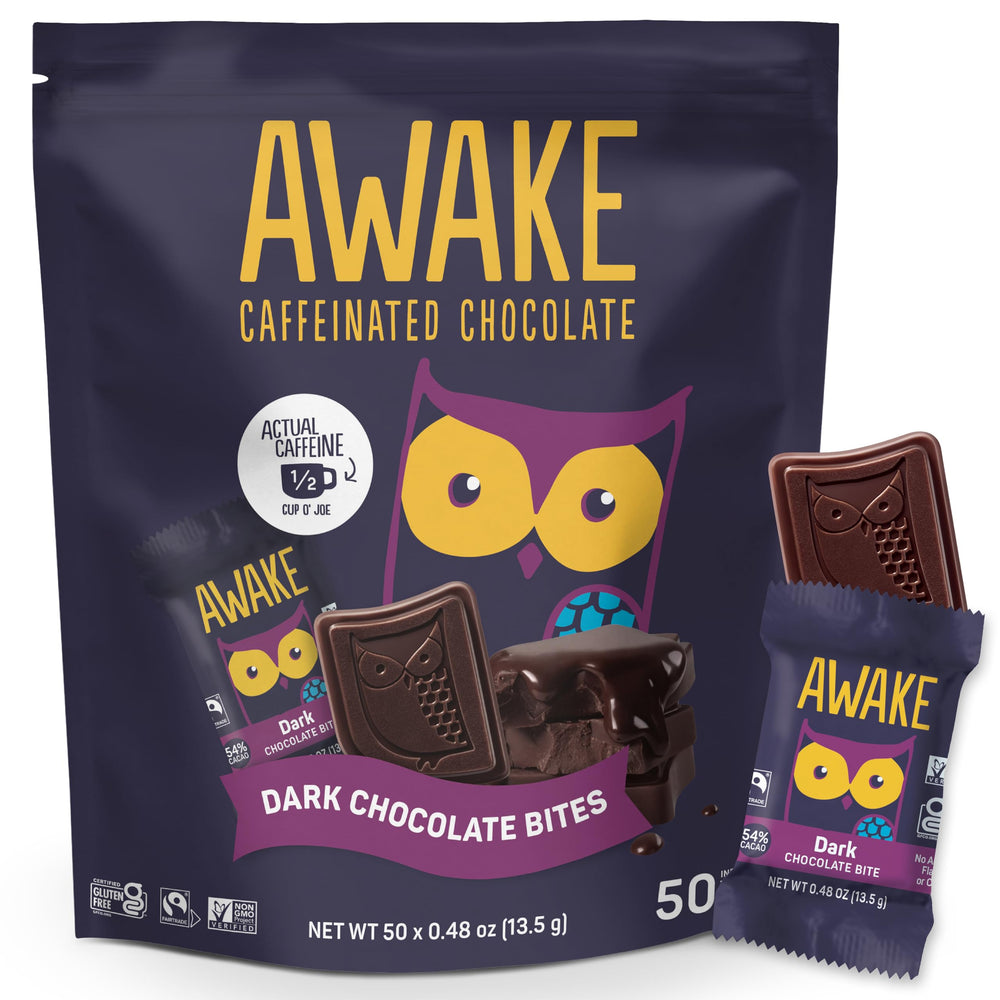 AWAKE Caffeinated Chocolate Bites packshot showing convenient energy on the go