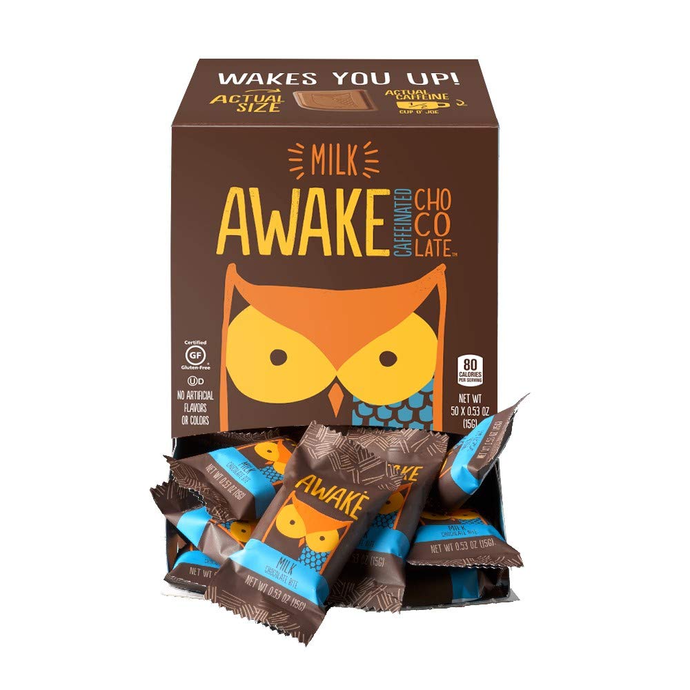 Awake Caffeinated Chocolate Energy Bites milk chocolate pack, convenient study boost.