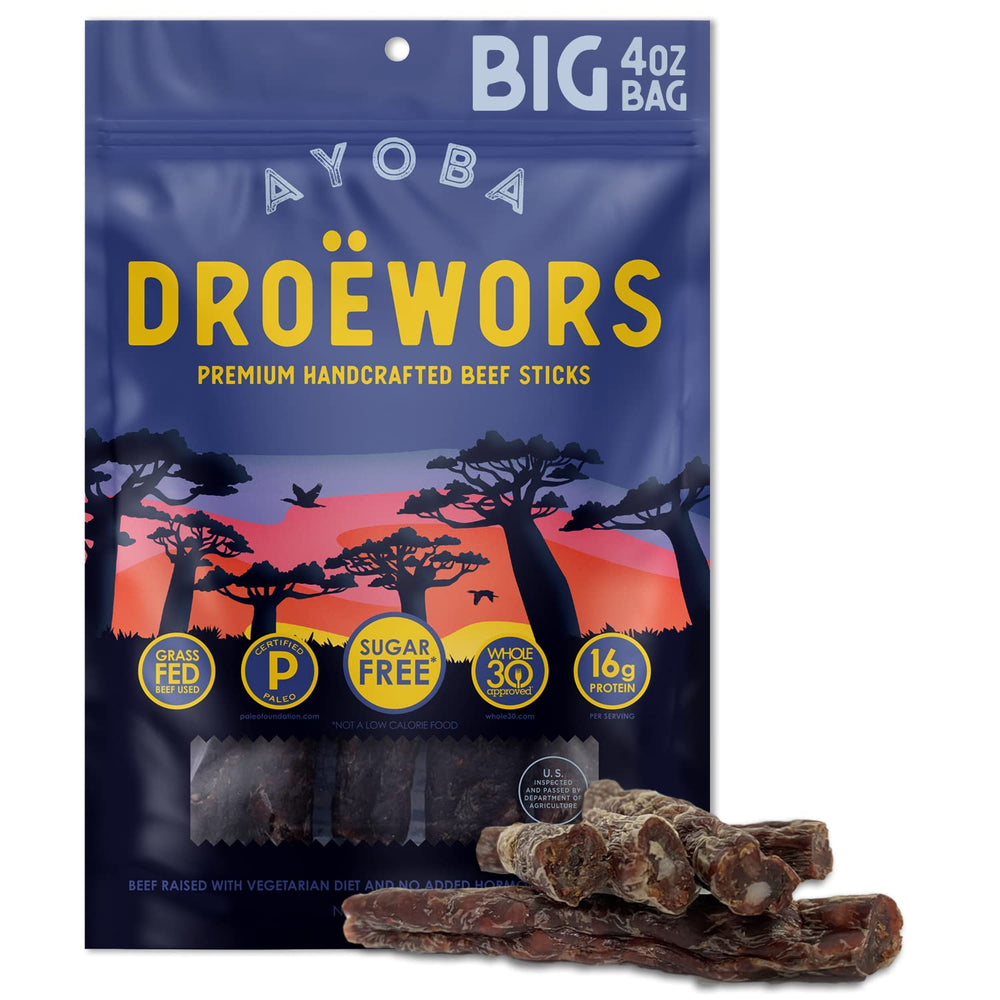 Ayoba Droewors grass-fed beef stick pack for on-the-go protein.