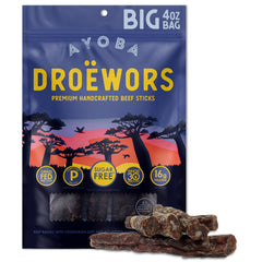Ayoba Droewors grass-fed beef stick pack for on-the-go protein.