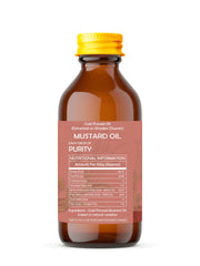 AYURVEDASHREE mustard oil bottle close-up, showcasing pure, unrefined quality.