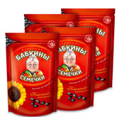Babkiny roasted sunflower seeds 4-pack; resealable bag for on-the-go snacking.