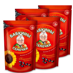 Babkiny roasted sunflower seeds 4-pack; resealable bag for on-the-go snacking.