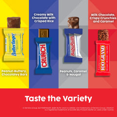 Baby Ruth mini bars on bag front, chewy nougat and peanuts bite.