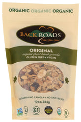 Back Roads Organic Original Granola packaging, a gluten-free breakfast option for busy mornings.