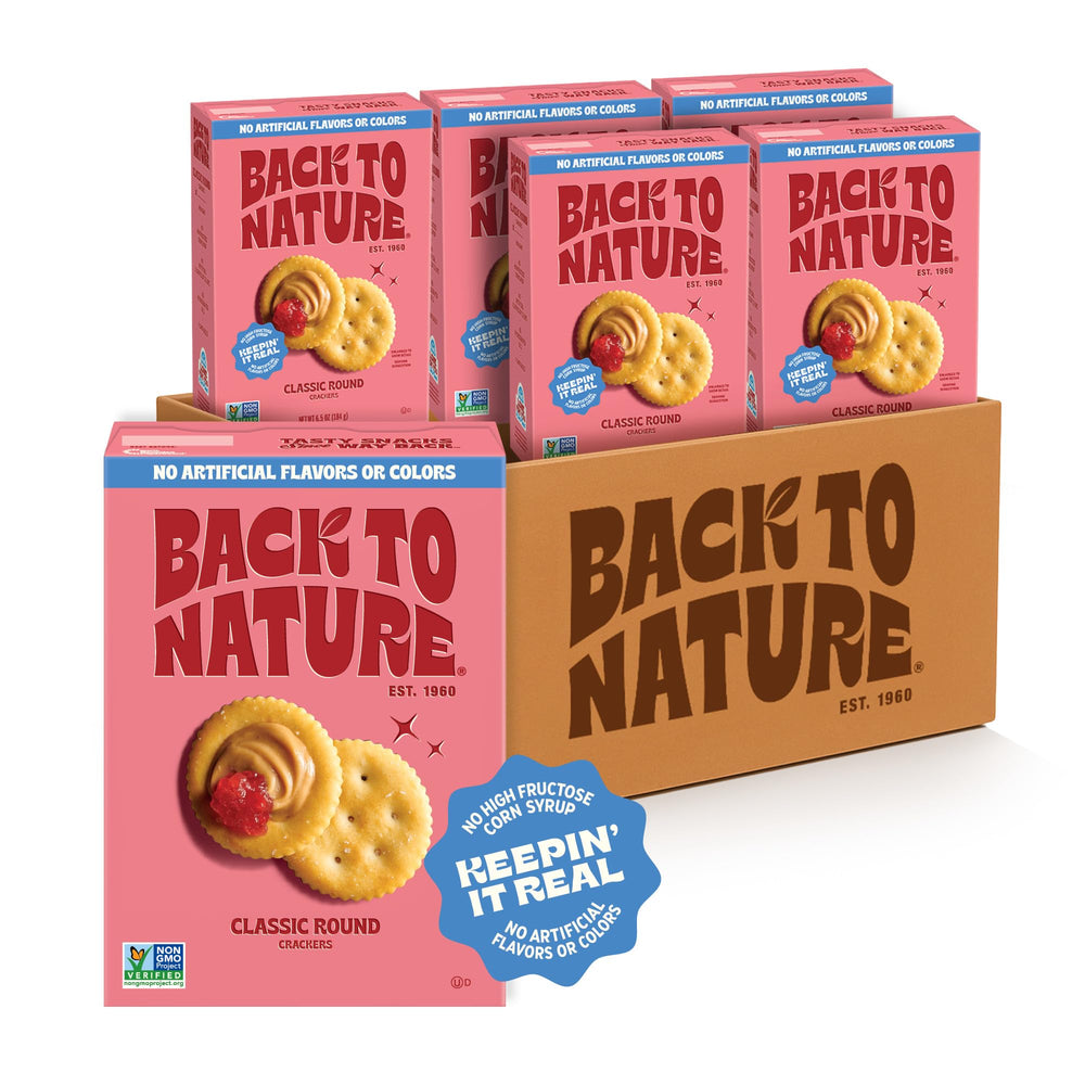 Back to Nature Classic Round Crackers front view, wholesome snack in a convenient 6-pack.