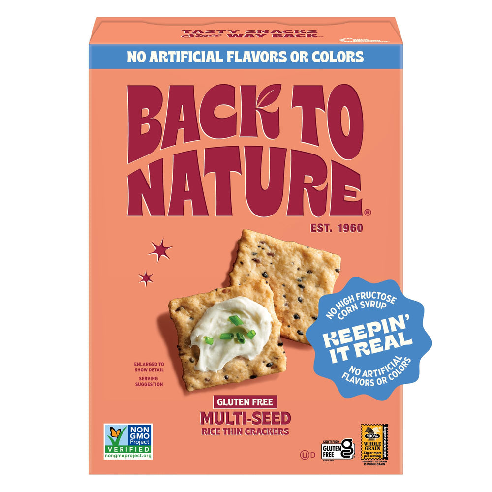Back to Nature gluten free crackers multi-seed packaging highlights wholesome ingredients for mindful snacking.