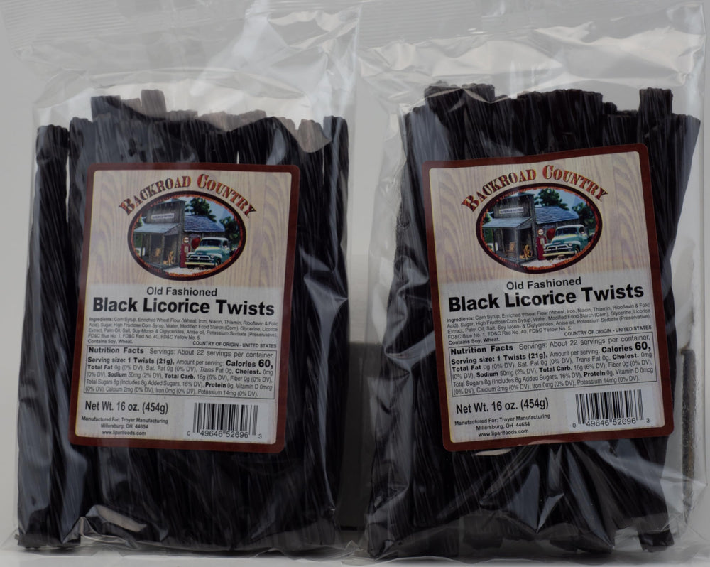 Backroad Country black licorice twists in a resealable pack for convenient snacking.