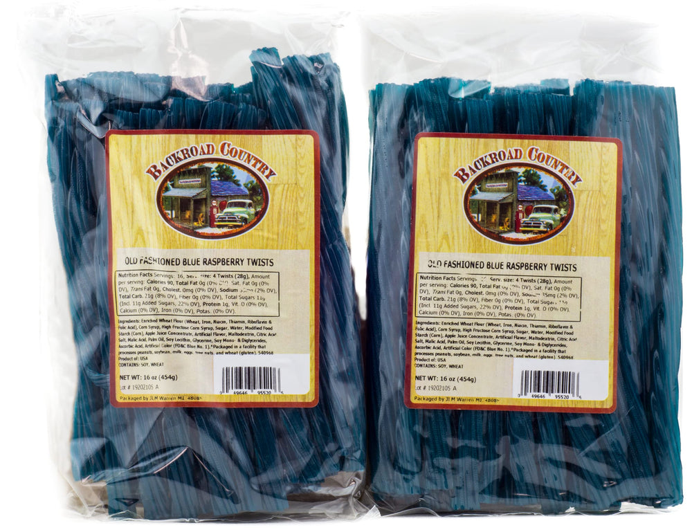 Backroad Country blue raspberry licorice twists in a 2-pack on the front of the box, ideal for sharing.