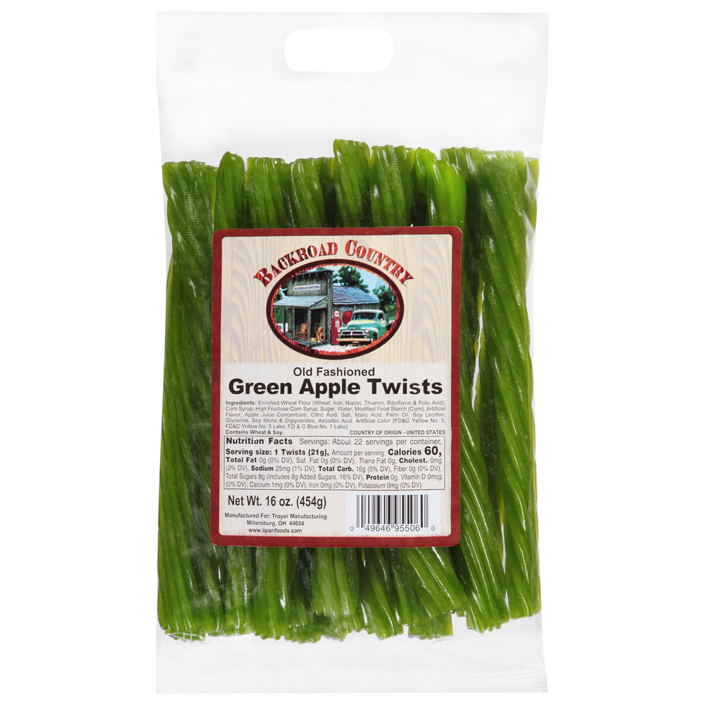 Backroad Country green apple twists pack shot, ideal for gifting and sharing.
