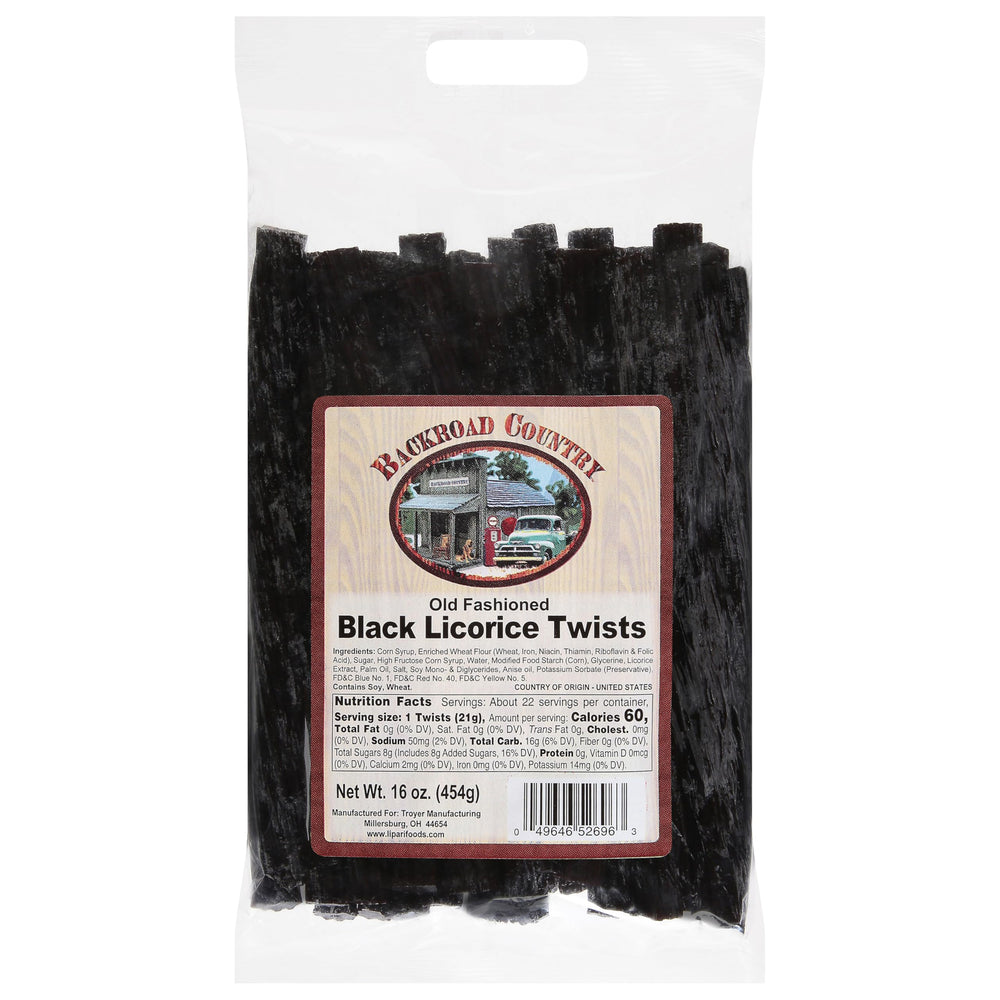 Backroad Country Old Fashioned Black Licorice Twists in a resealable pack for fresh snacking.