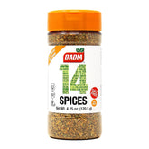 Badia 14 Spices Salt-Free All Purpose Seasoning jar closeup for salt-free flavor.