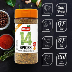 Badia seasoning pour closeup showcases premium blend for grilling and marinating without salt.