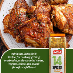 Badia 14 Spices spice rack display highlights all-purpose seasoning versatility.