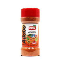 Badia Adobo with Sazon bottle front, bold Latin seasoning for versatile meals.