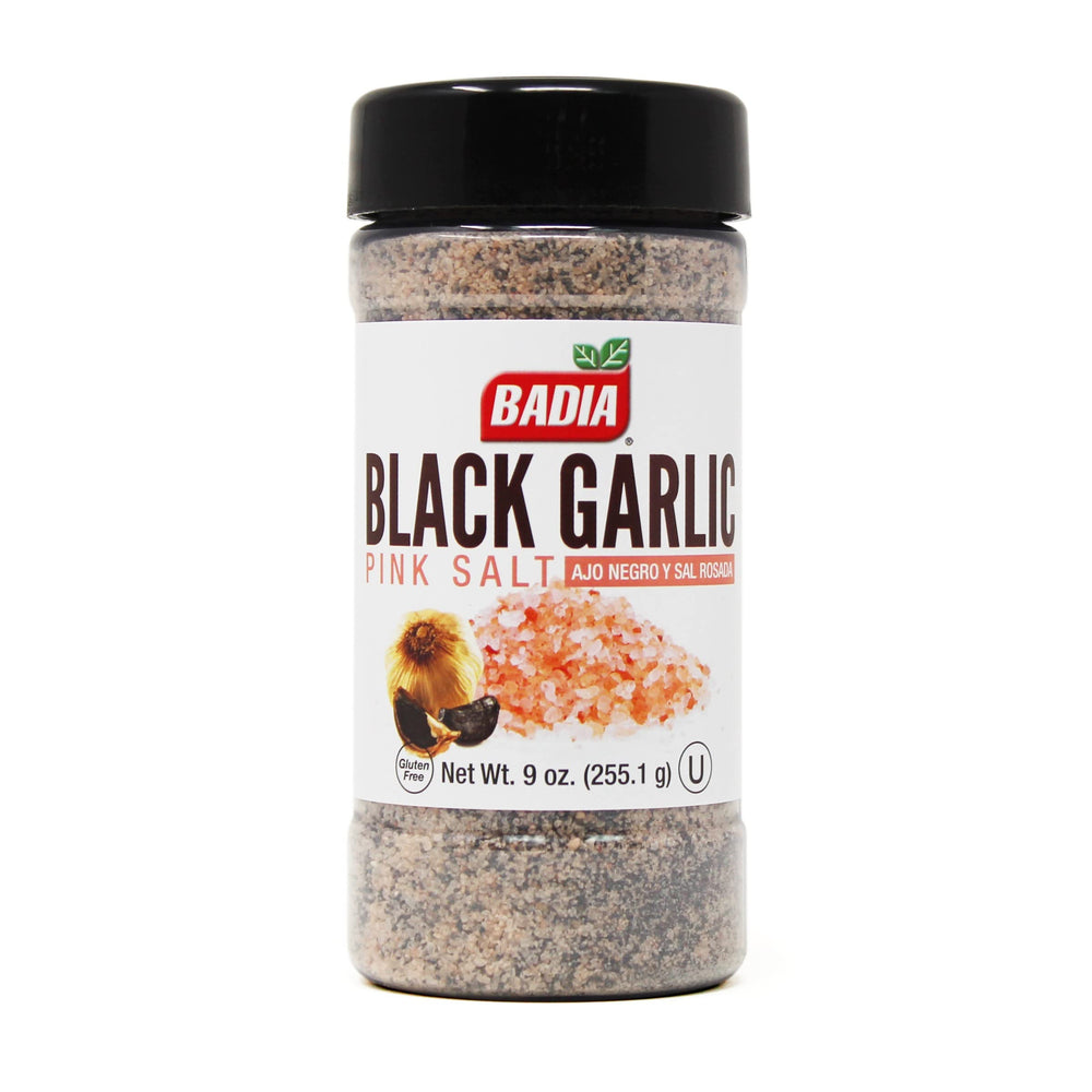 Badia Black Garlic Pink Salt bottle for steaks and seafood with smoky umami