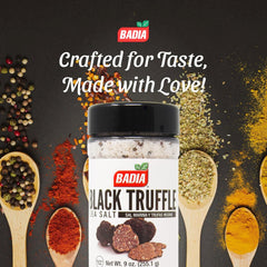 Badia black truffle sea salt pouring highlights finishing salt for plates.