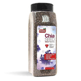 Badia Chia Seeds jar closeup showing fiber-rich seeds for everyday meals.