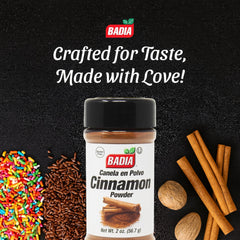 Badia Cinnamon Powder on a spoon showcases versatile use in coffee and oats.