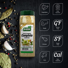 Badia Complete Seasoning label close-up showing garlic and onion notes for richer flavor