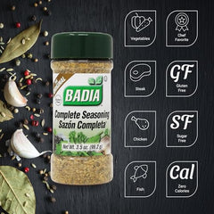 Badia Complete Seasoning jar back view, rich flavor profile for soups and sauces