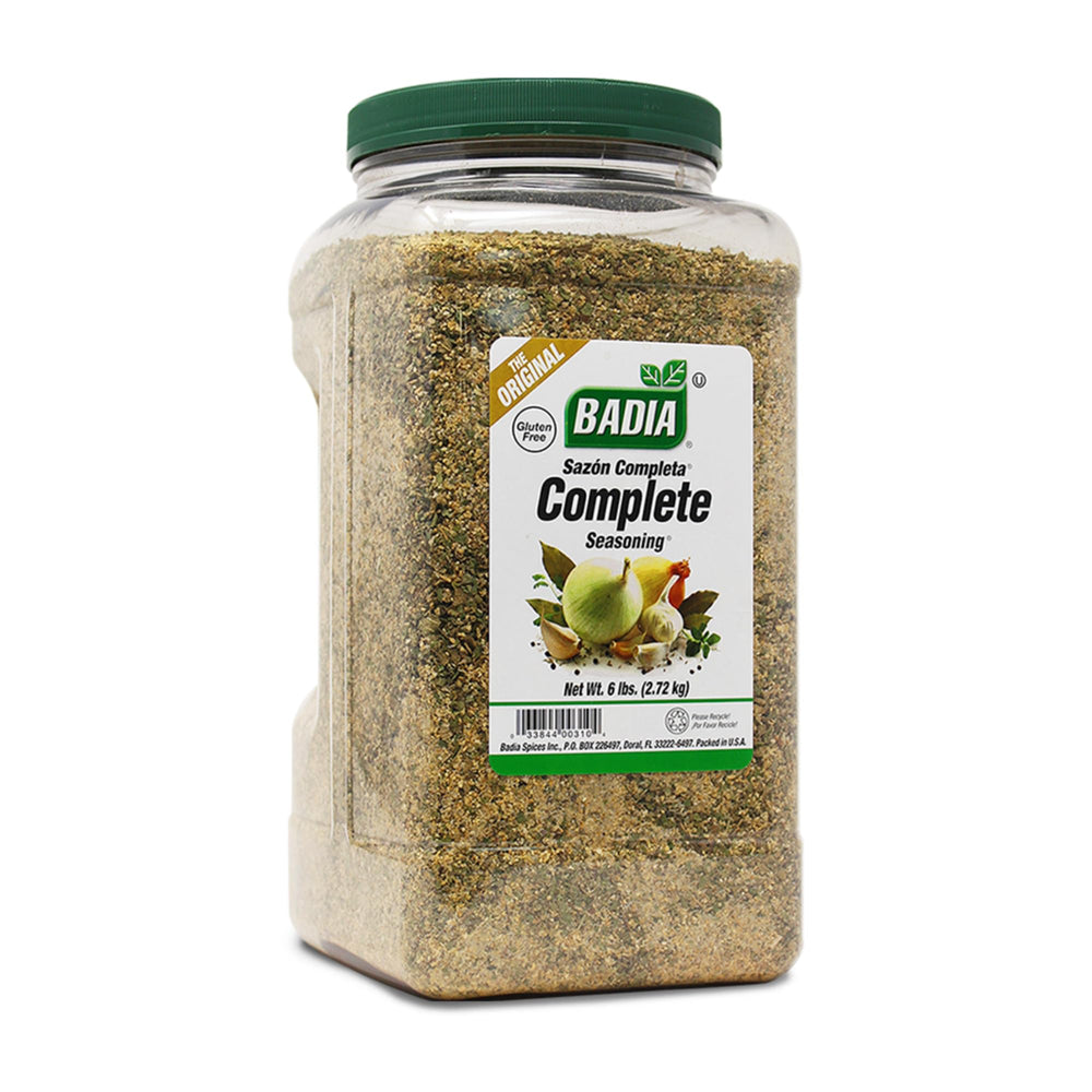 Badia Complete Seasoning jar label highlights all-purpose flavor for meats and vegetables.