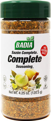 Badia Complete Seasoning Salt-Free bottle for versatile meat and vegetable flavoring.