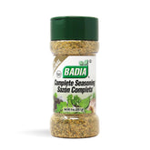 Badia Complete Seasoning shaker close-up showcasing versatile all-purpose flavor for meals.