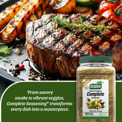 Badia Complete Seasoning spice blend bowl shows rich garlic and herb depth.