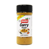 Badia Curry Powder container showing mild, aromatic blend for curries and pilafs.