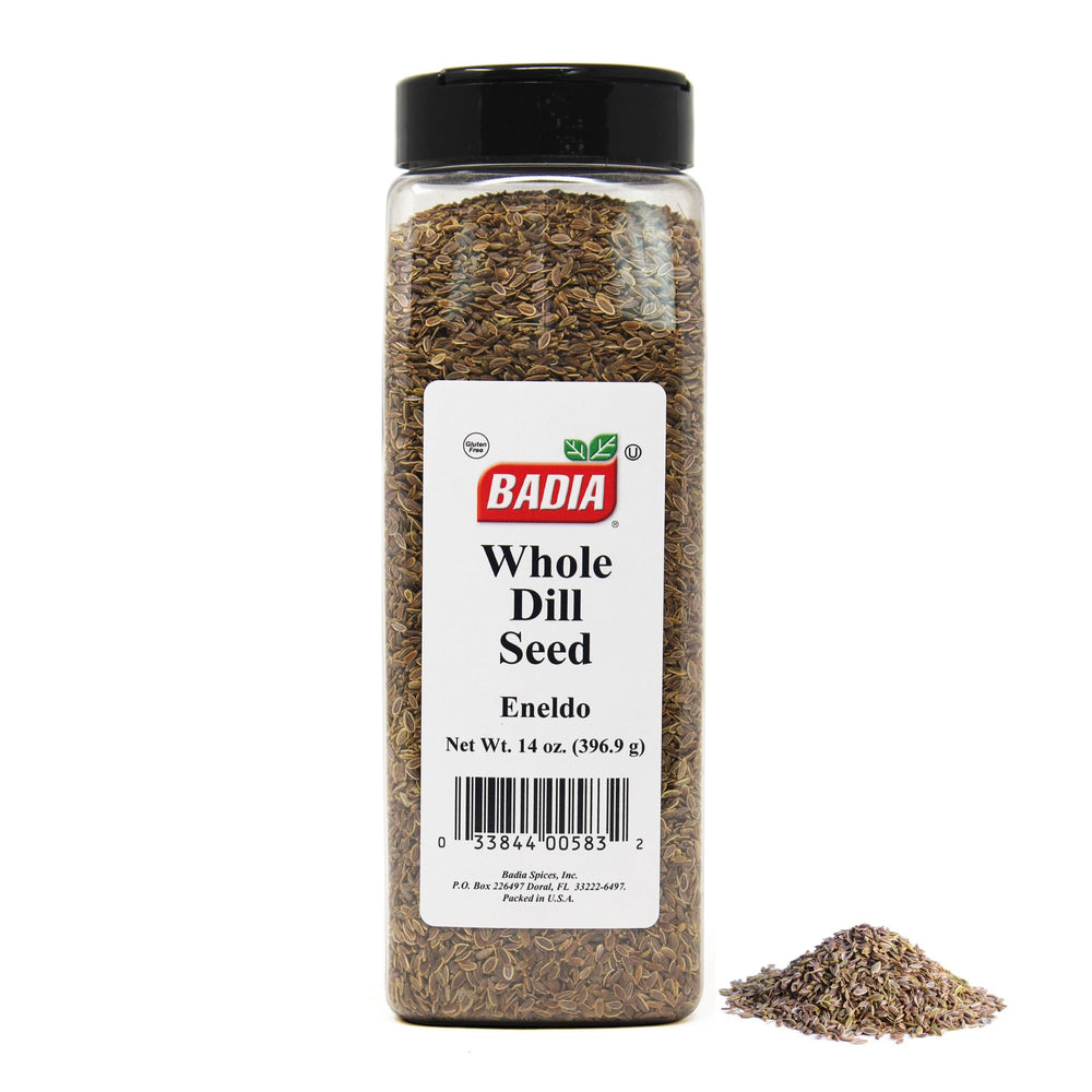 Badia dill seed whole bottle, aromatic spice for pickling and dressings.