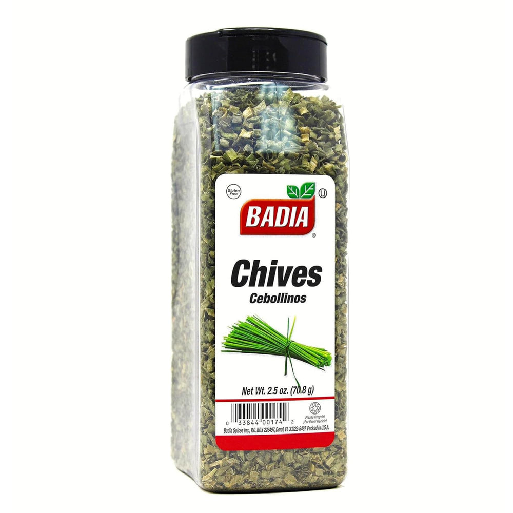 Badia Dried Chives jar front; enhances eggs with mild onion aroma.