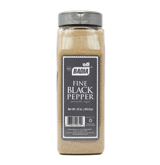 Badia fine ground black pepper jar releases fresh aroma for seasoning.
