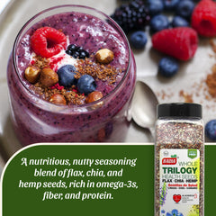 Badia flax chia hemp seeds pour, versatile smoothie ingredient
