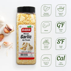 Badia Garlic Minced pour-spoon shows easy-to-use seasoning for soups and sauces