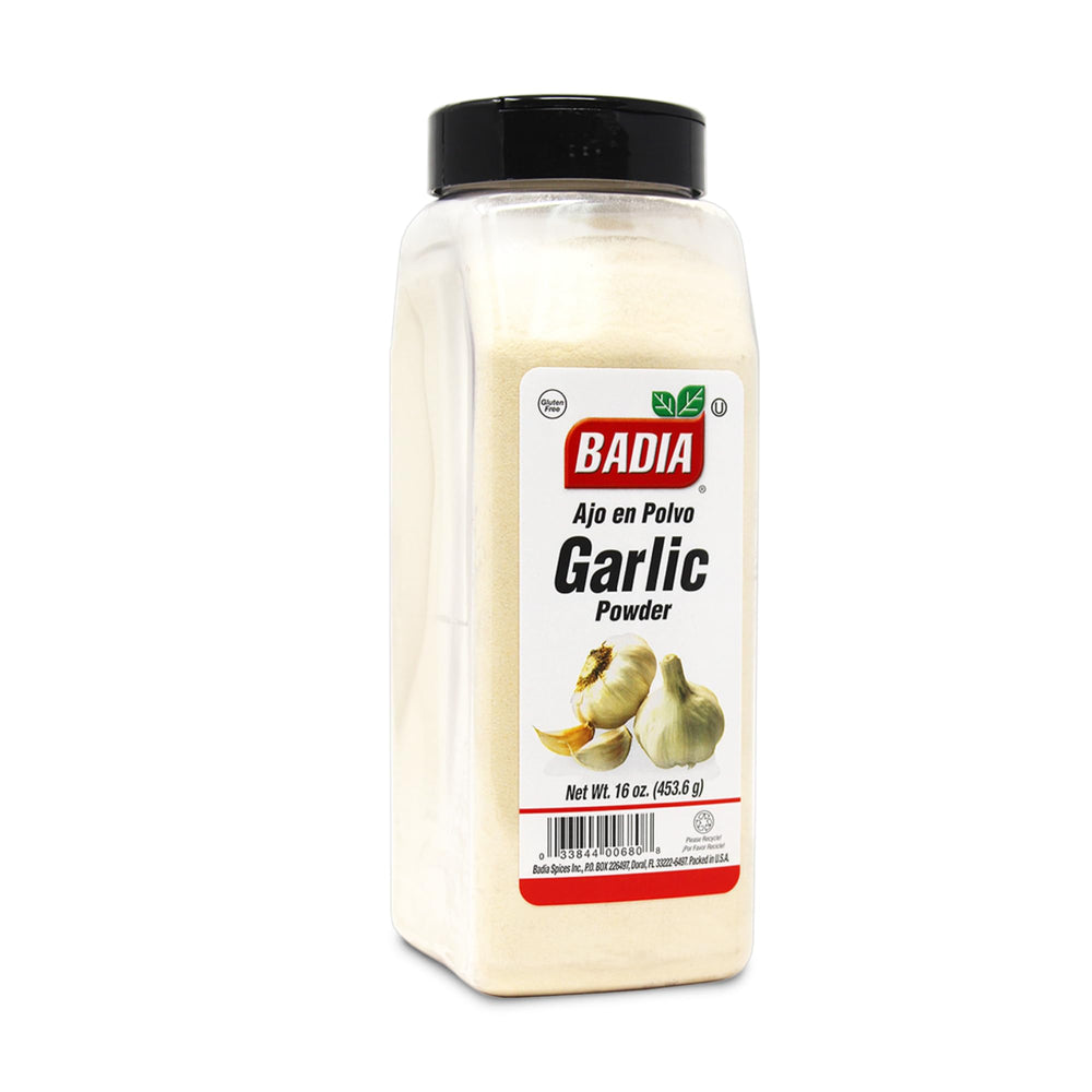 Badia Garlic Powder bottle front view for easy kitchen access.